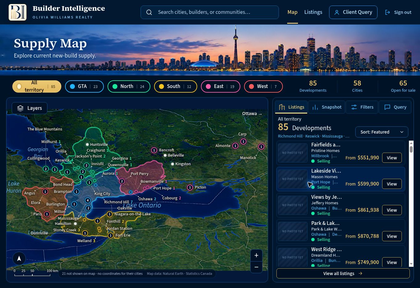 Actual opening dashboard of Olivia Williams’ private Builder Intelligence: Ontario supply map, regional filters and development listings