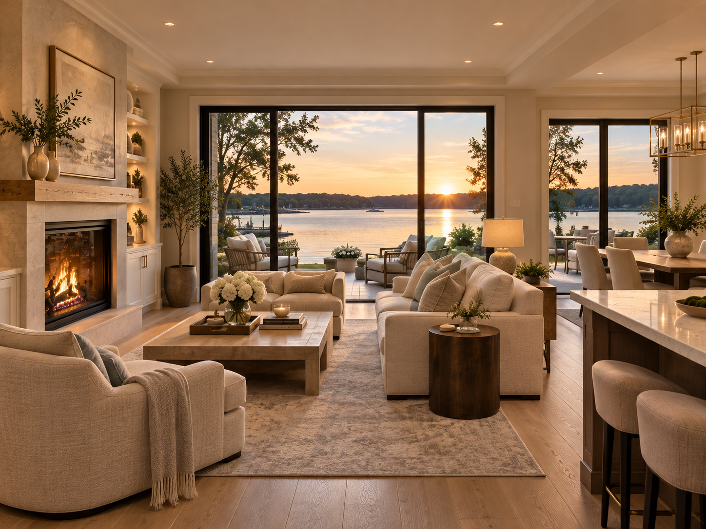The locked lakeside interior at sunset